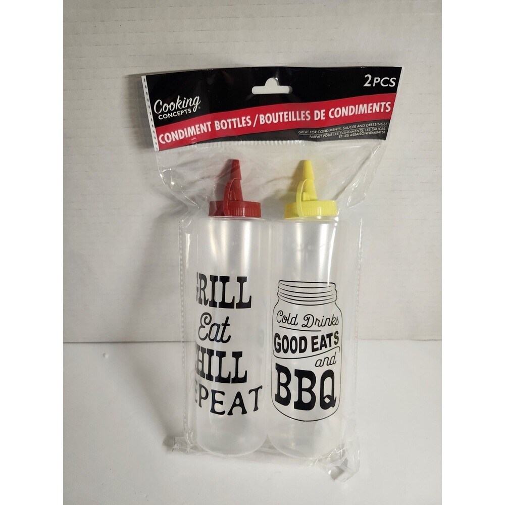 2 Clear BBQ Squeeze Bottle Condiment Dispensers 14oz Ketchup and Mustard
